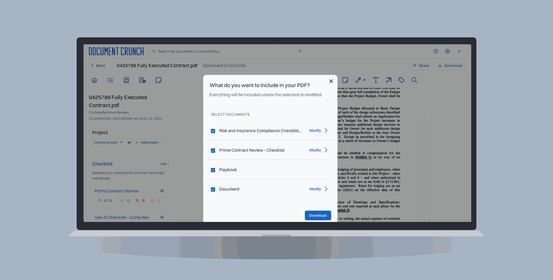 Document Crunch contract review platform with the PDF selection modal open, shown on a laptop