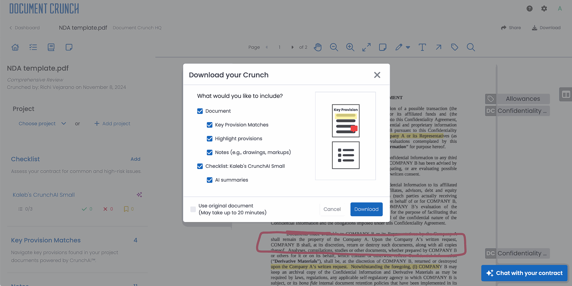 Selection modal showing a contract with multiple checklists, demonstrating the toggle controls per checklist