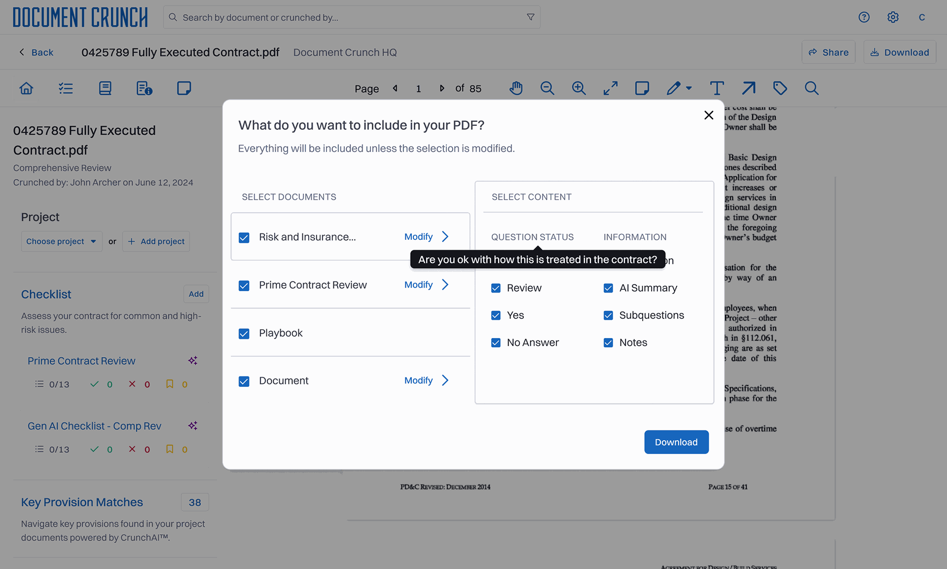 The expanded selection modal showing per-checklist toggles for question status (Yes, No, Review, No Answer) and information type (Subquestions, AI Summary, Notes)