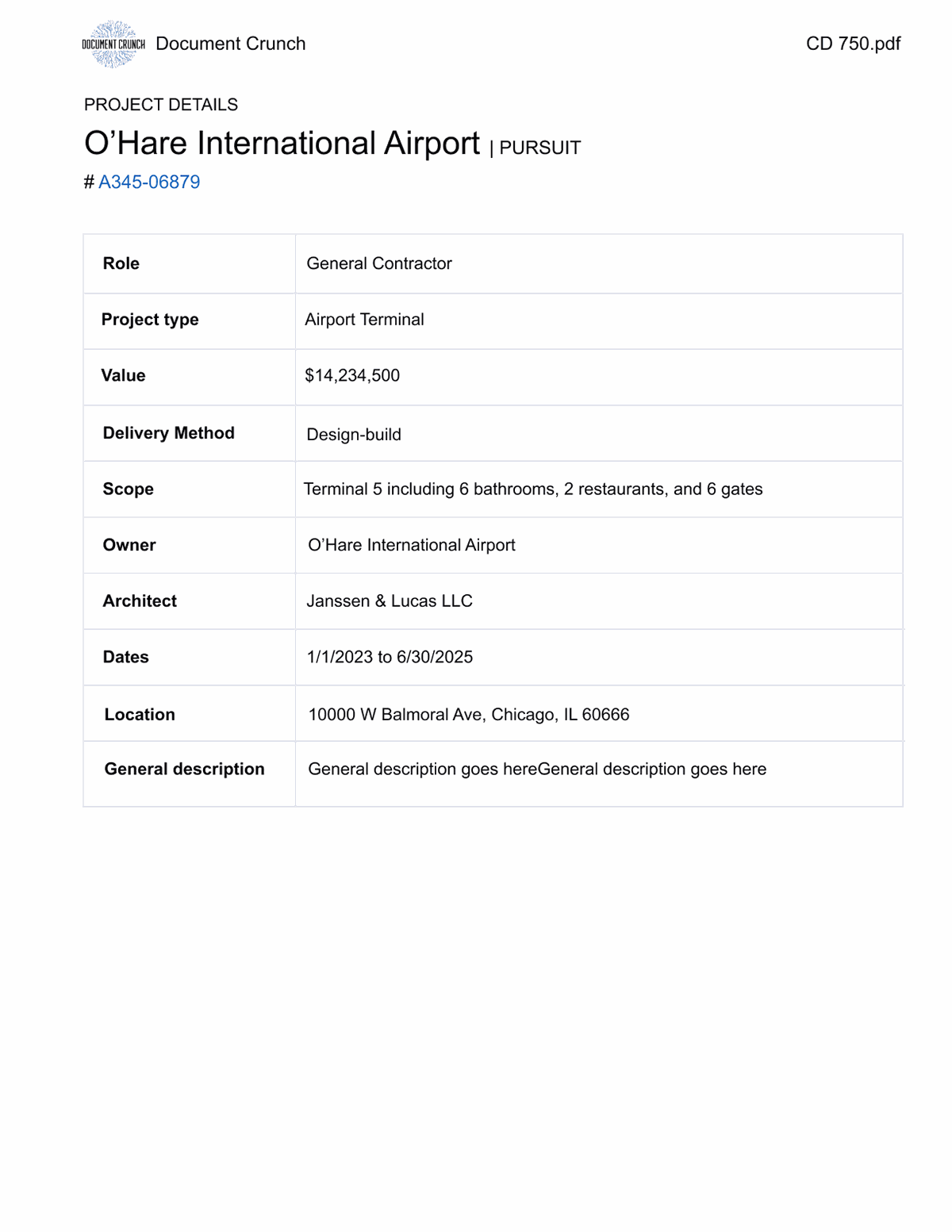 A clean exported PDF page showing project details — only the relevant contract context, no buried annotations or irrelevant checklists