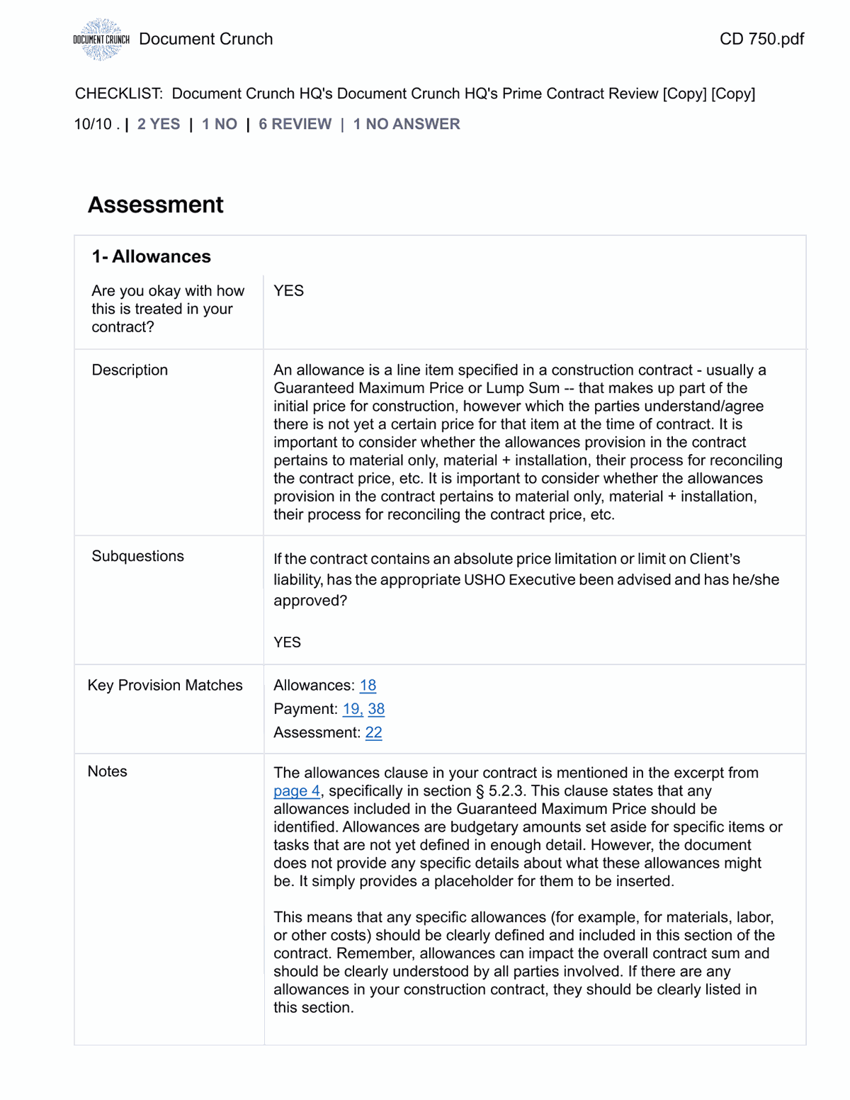 A clean exported PDF page showing a focused checklist assessment — only the checklist results the user selected, clearly laid out without irrelevant content