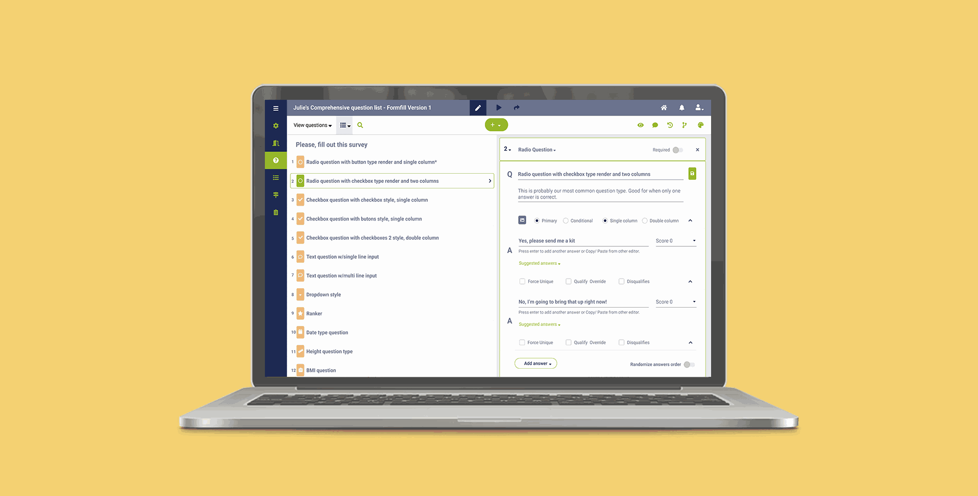 Survey Builder interface showing question list and configuration panel