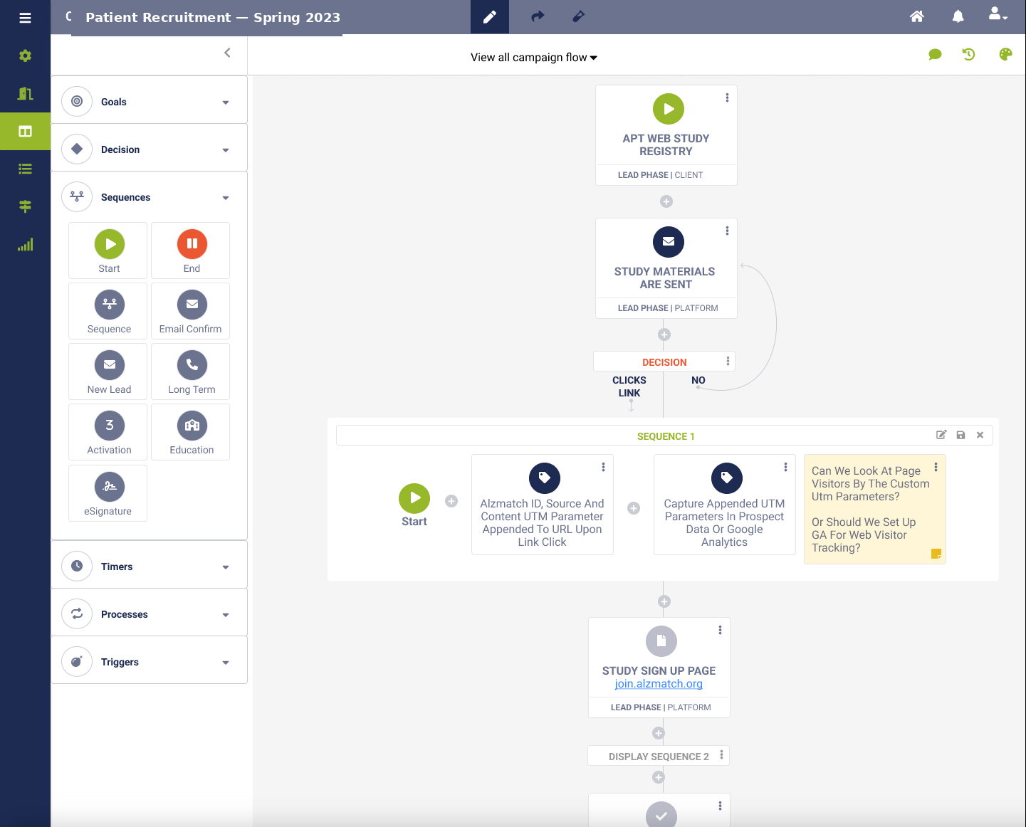 Campaign Builder showing the Goals, Decisions, Sequences, Timers, and Processes toolset in the left panel alongside the visual campaign flow on the right