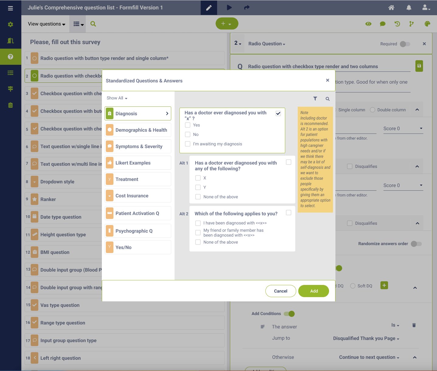 Survey Builder with a Standardized Questions and Answers modal showing pre-built question groups for clinical trial qualification