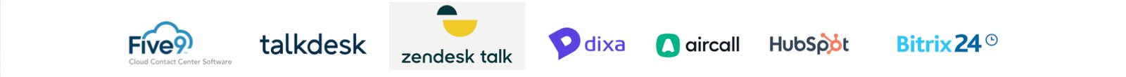 Logos of seven call-center products analyzed during competitive research: Five9, Talkdesk, Zendesk Talk, Dixa, Aircall, HubSpot, and Bitrix 24