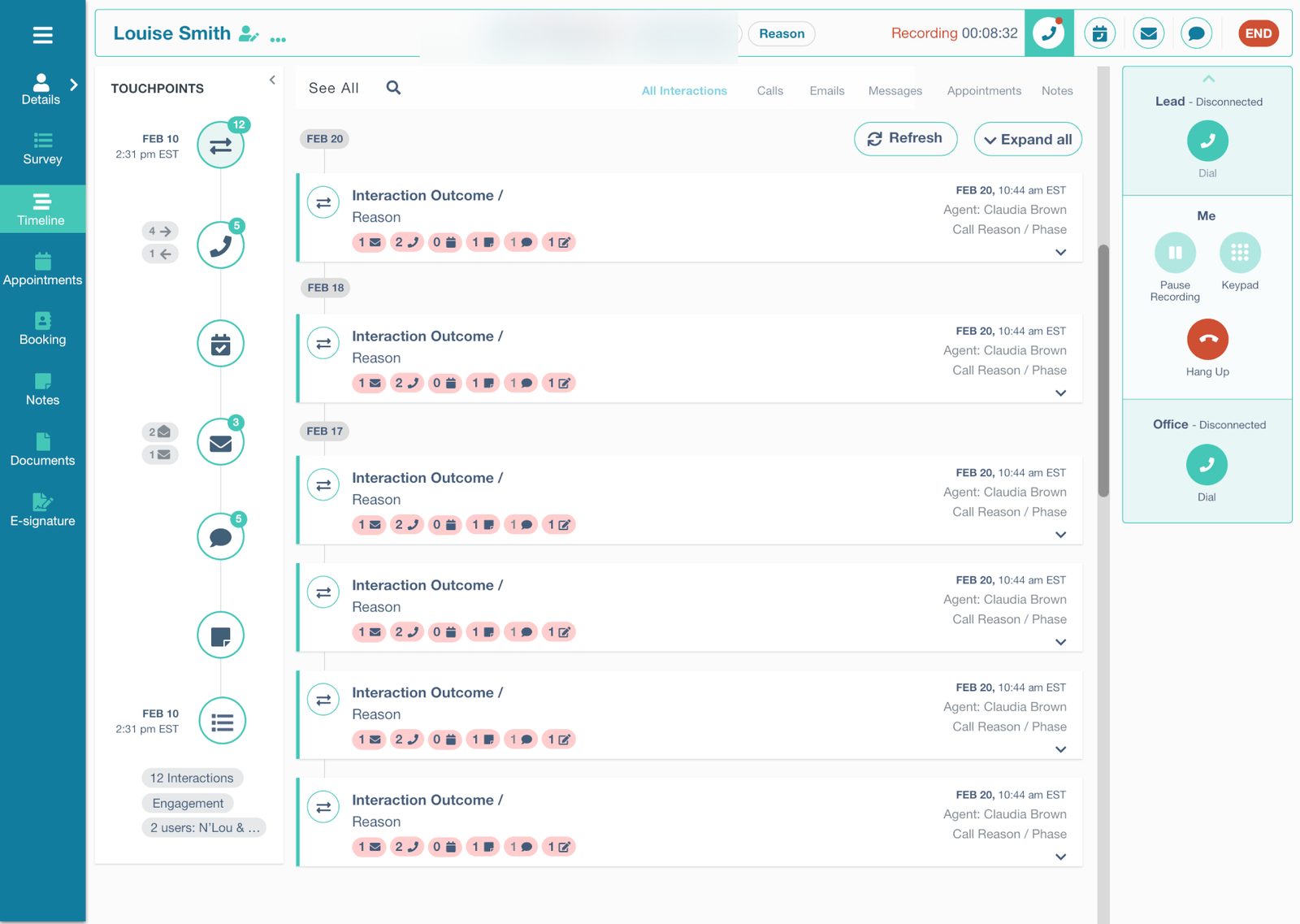 Detailed view of the redesigned touchpoints timeline — interactions grouped by date, with status icons that summarize call outcomes so agents can scan a patient's history at a glance
