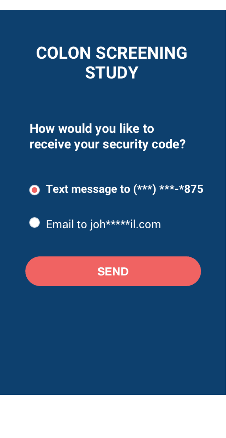 Two-factor authentication screen offering a security code via text message or email, styled like a familiar banking 2FA flow