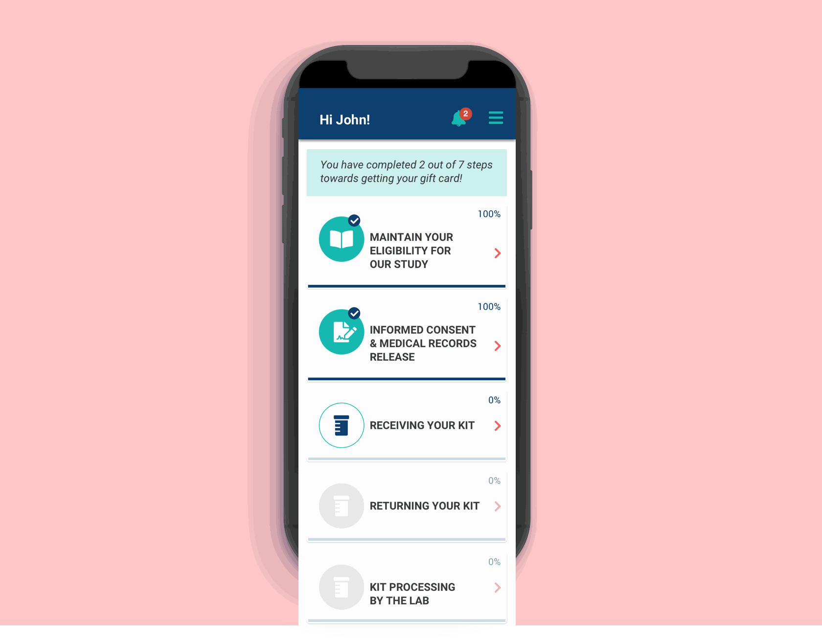 Study Tracker — card-based progress view for clinical trial patients