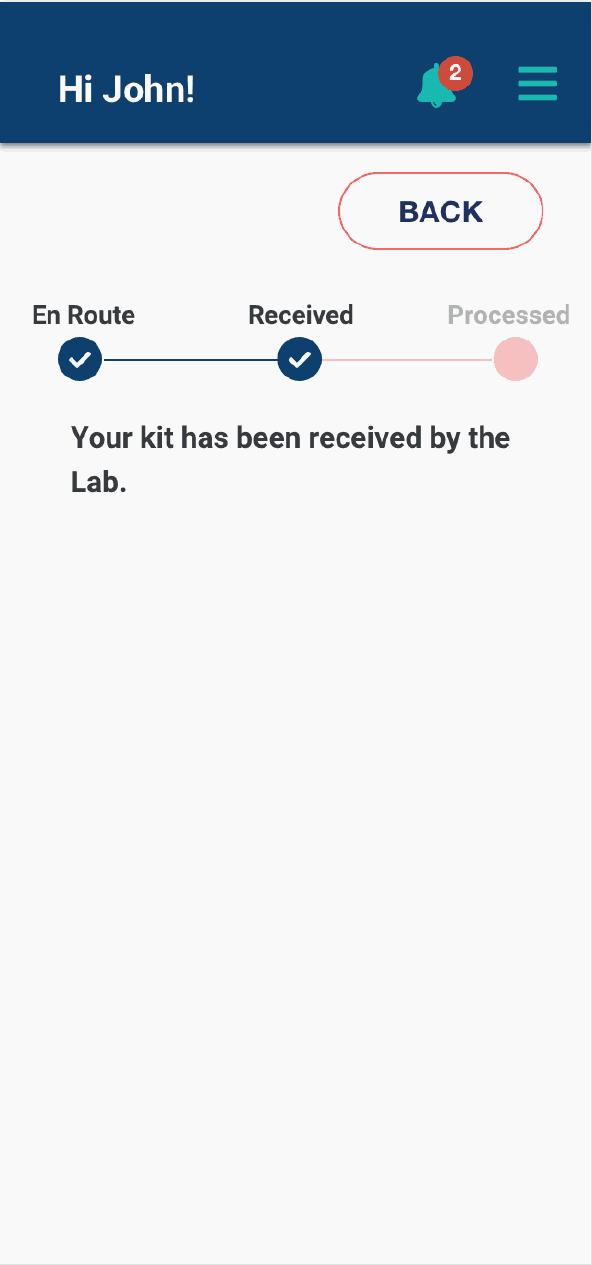 Kit-in-process screen showing a three-step indicator — En Route, Received, Processed — with the current state at Received