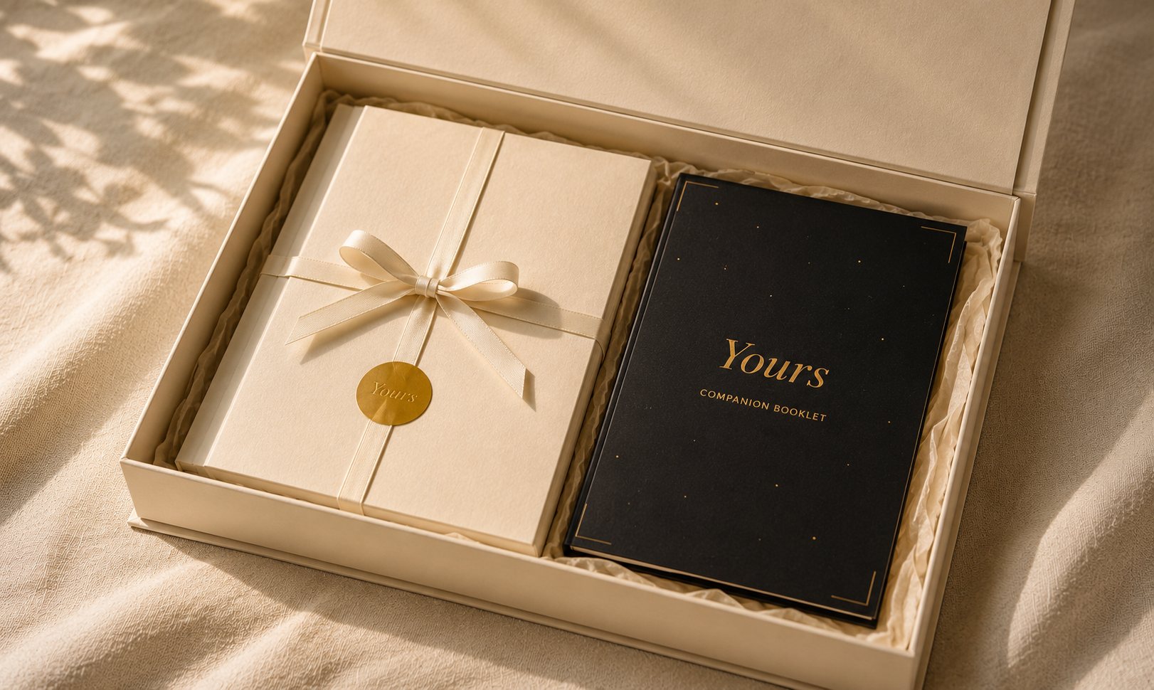 The Yours boxed set — ribbon-tied card folio with gold seal beside a charcoal companion booklet
