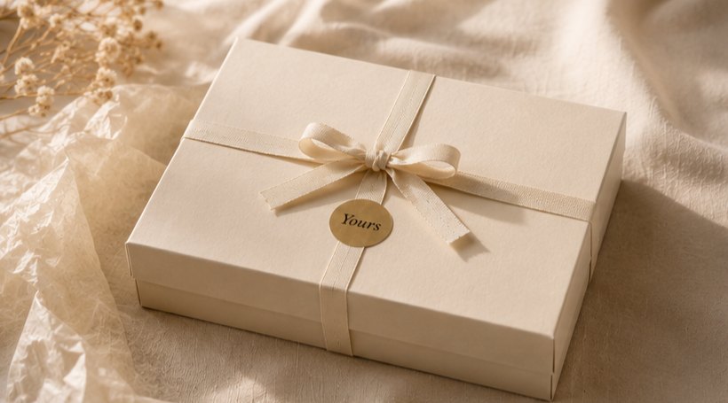 The closed clay keepsake box, tied with cream ribbon and sealed with a small round gold sticker carrying the Yours monogram
