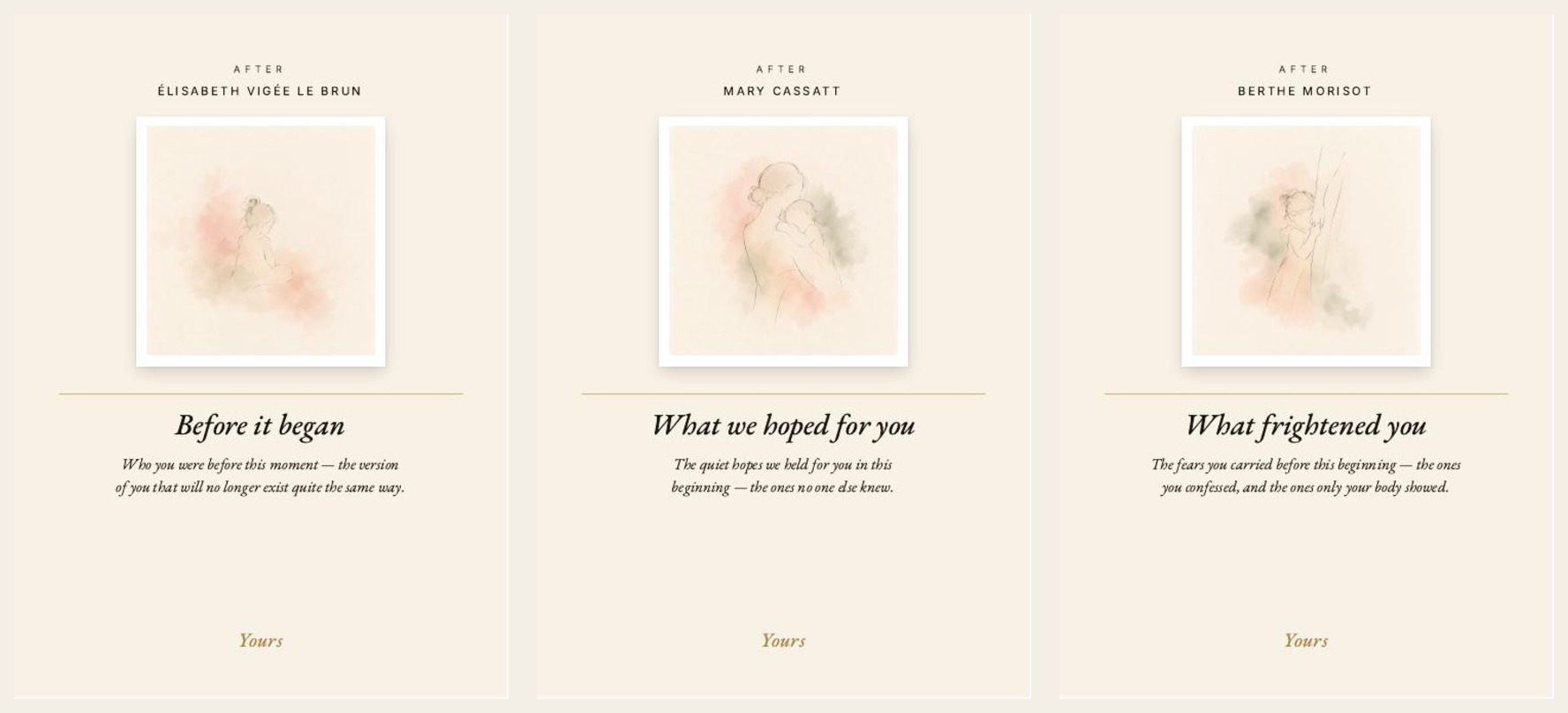 Three Beginnings card fronts side by side, each with its line-and-wash illustration above the title