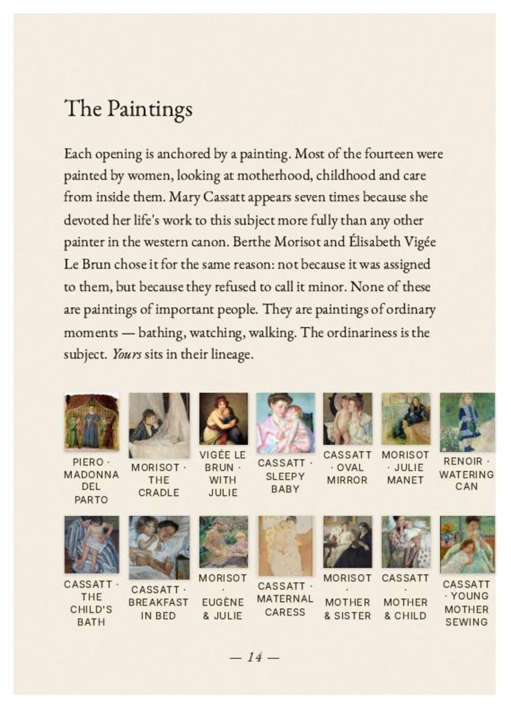 The index of paintings in the companion booklet — each opening listed with the work it is drawn after