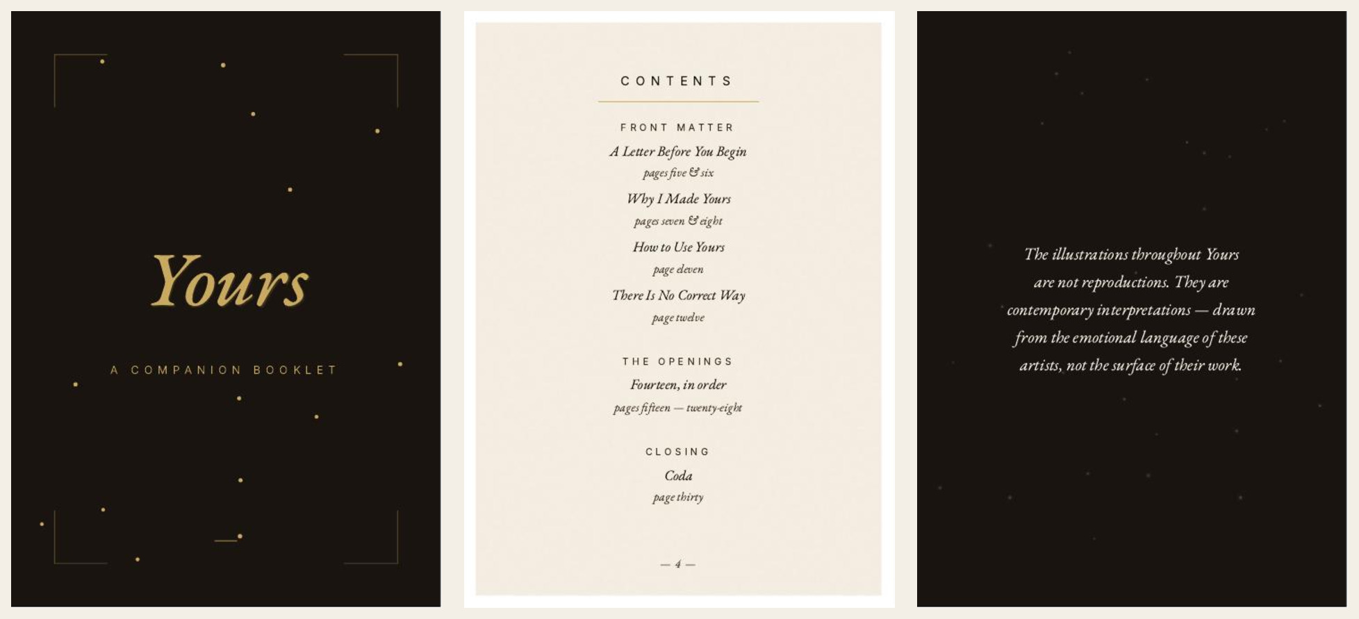 Three pages of the companion booklet side by side — the gold-stamped cover, the contents, and the note that opens the sequence