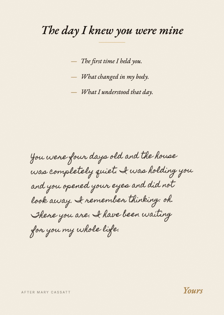 A cream card back: the opening title in italic serif, a short gold rule, three em-dashed lines, and six lines of cursive handwriting below them