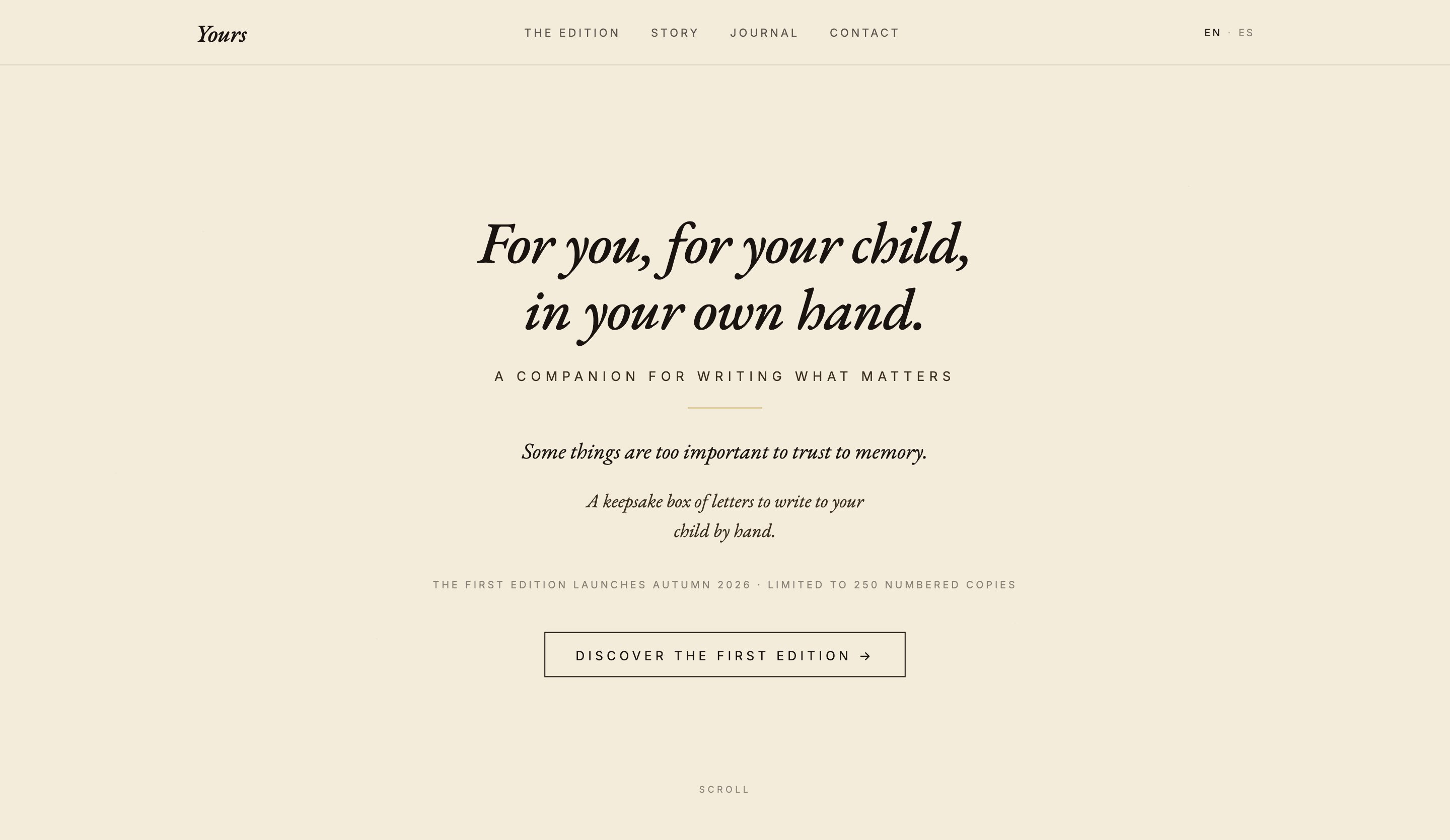 Yours website — the hero: Yours wordmark in italic serif, headline For you, for your child, in your own hand, and the reserve call to action, on a cream ground