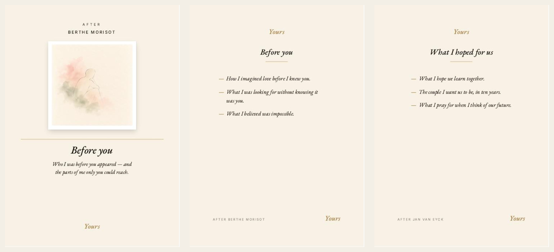 Three card fronts from Beginnings · The Two of Us, each with its illustration above the title